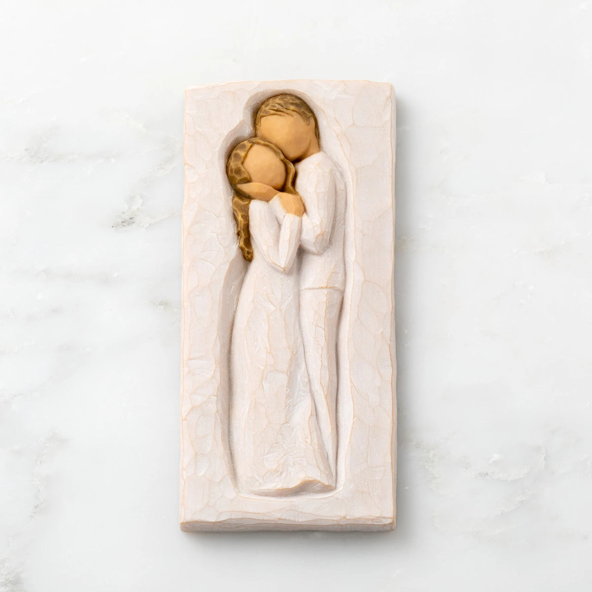 Willow Tree Embrace Plaque, 5.75”h x 2.68”w x .5”d hand-painted resin bas-relief carving of embracing couple