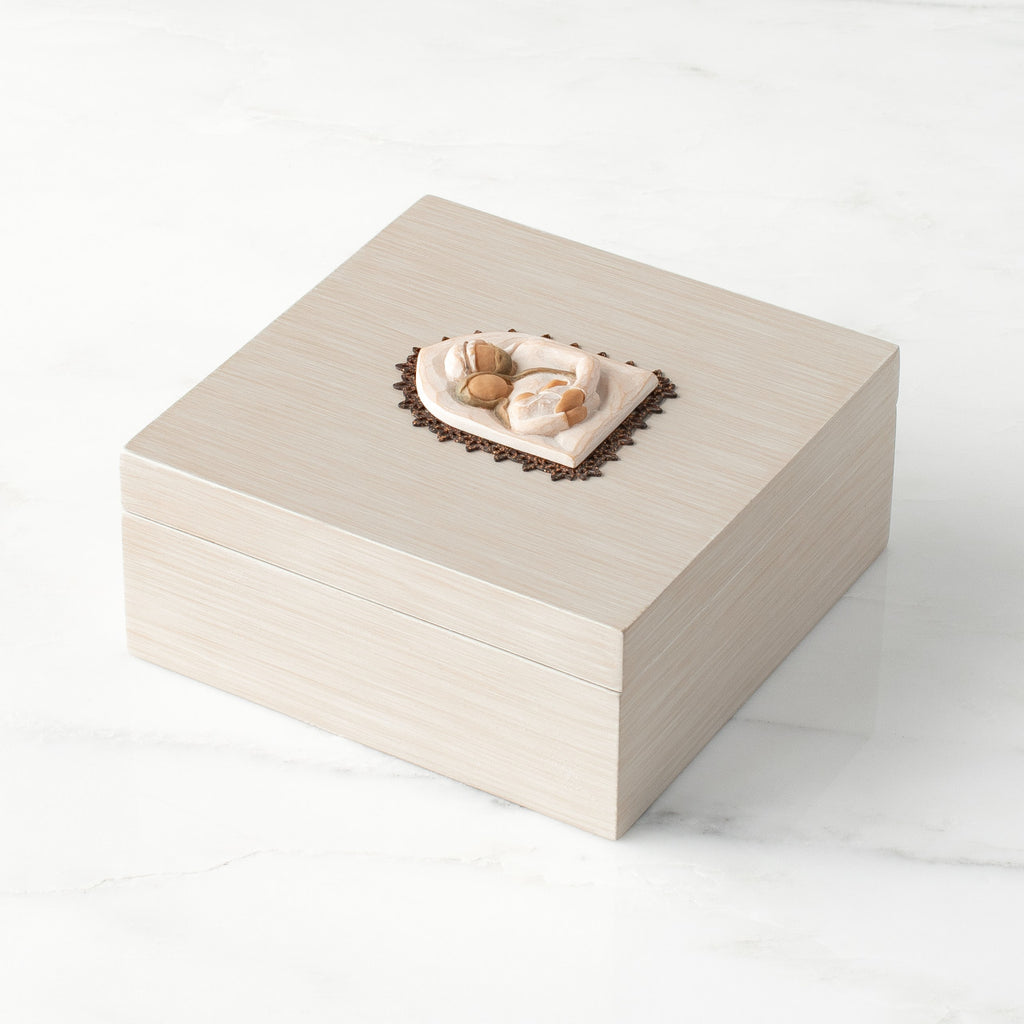 Side view: hand-painted cream square wood box, with hinged lid